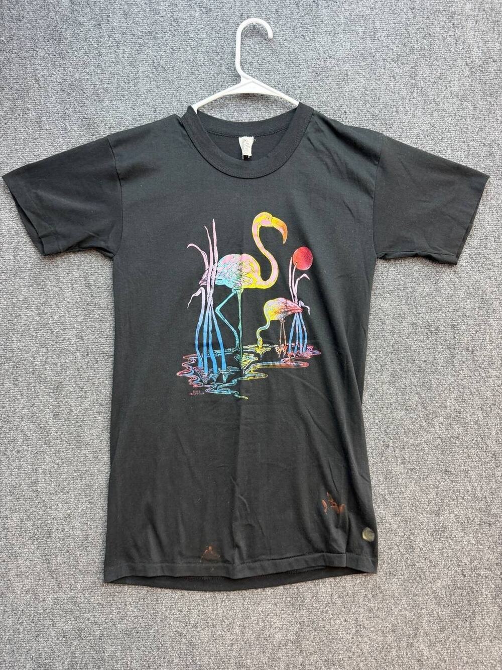 Vintage Tee Swing Neon Flamingo Graphic T-Shirt Black USA Size M Stained